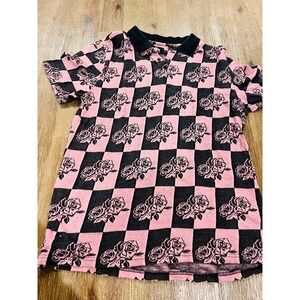 Stussy Pink Black Checkered Rose Knit Polo Shirt Mens Medium Streetwear